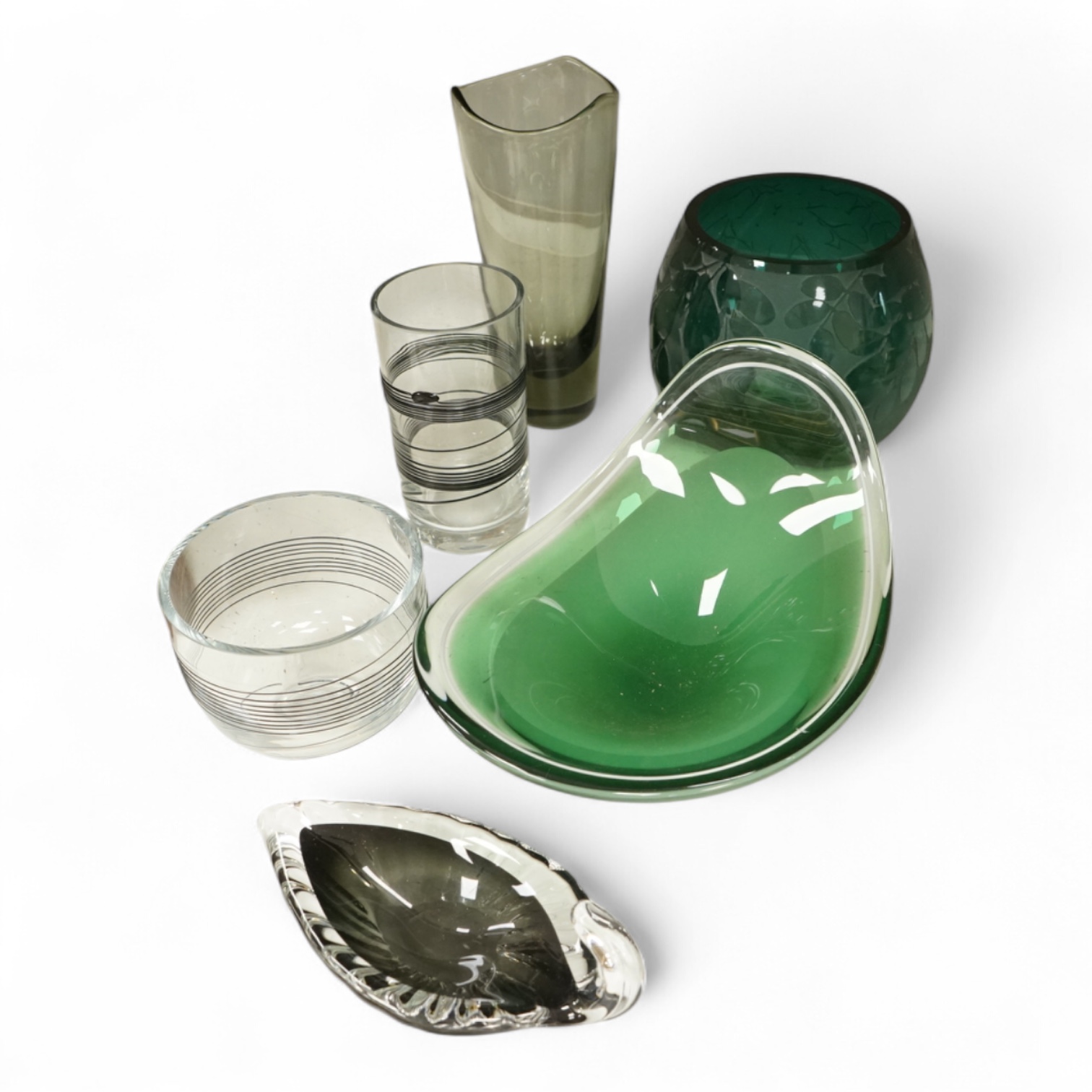 Bertil Vallien for Kosta Boda, an art glass bowl and vase, Holmegaard smoke-glass vase, Ken Benson vase and two other items, largest 31cm wide
